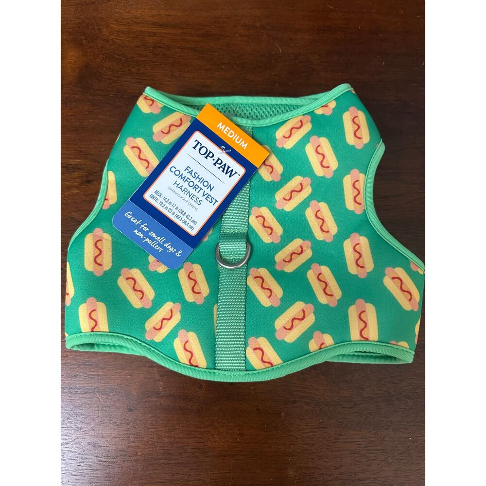 Top Paw Fashion Comfort Vest Dog Harness Size Medium Hot Dog Print Green NWT